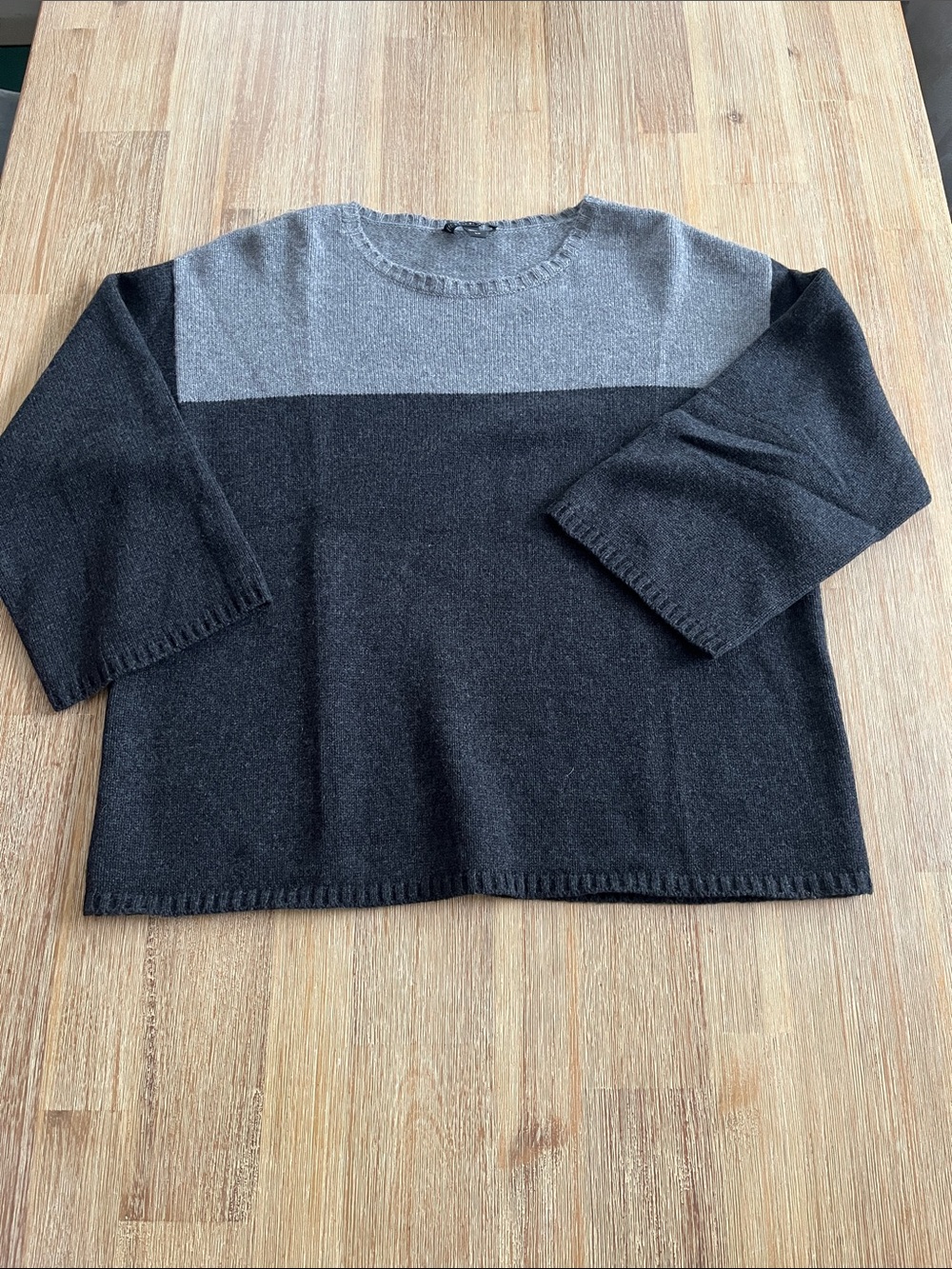 Eileen Fisher Two-Tone Crewneck Sweater in Light Gray & Charcoal